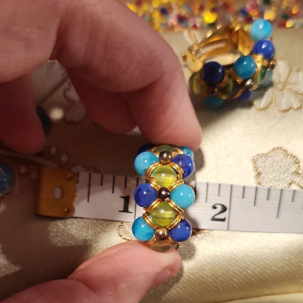 Vintage Gold and Blue Beaded Earring Clip Ons‎